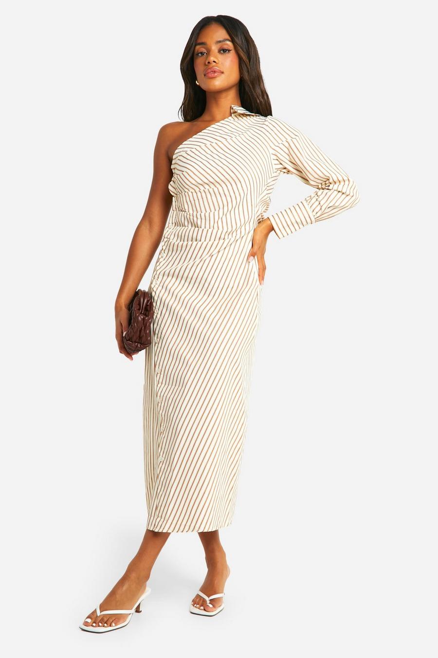 Brown Stripe Asymmetric Shirt Midaxi Dress