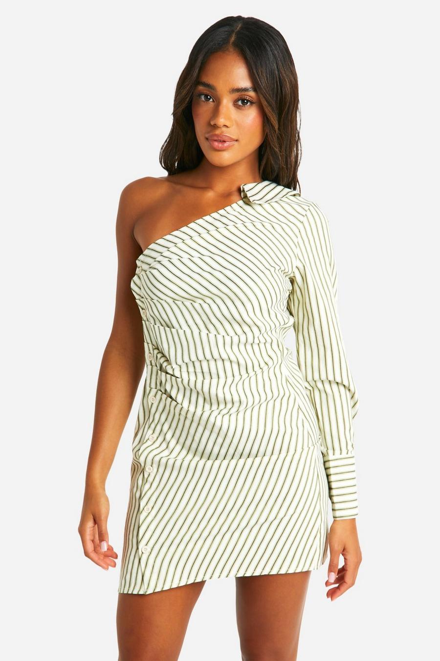 Green Stripe Asymmetric Shirt Mini Dress