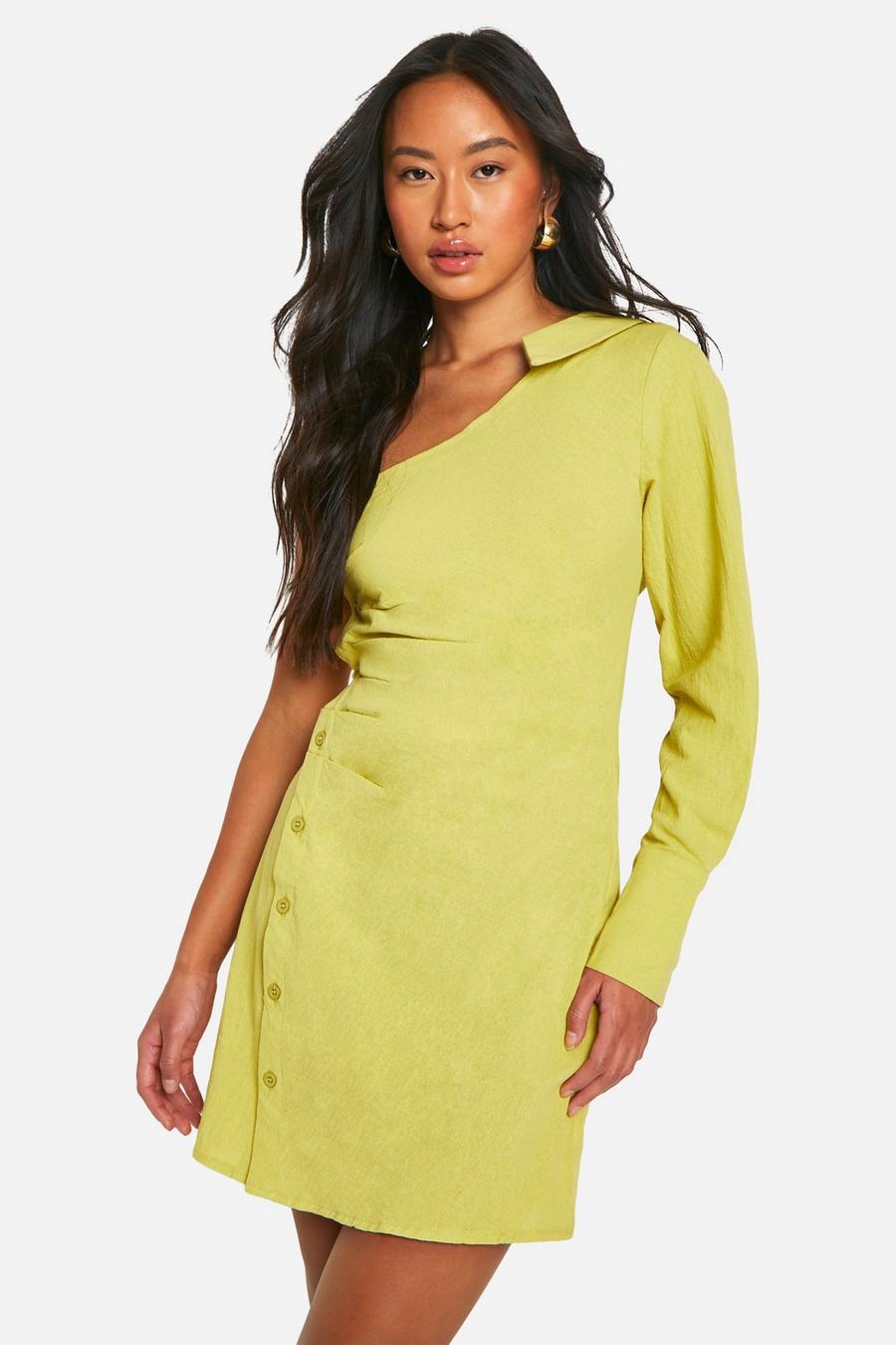 Green Linen Asymmetric Shirt Mini Dress