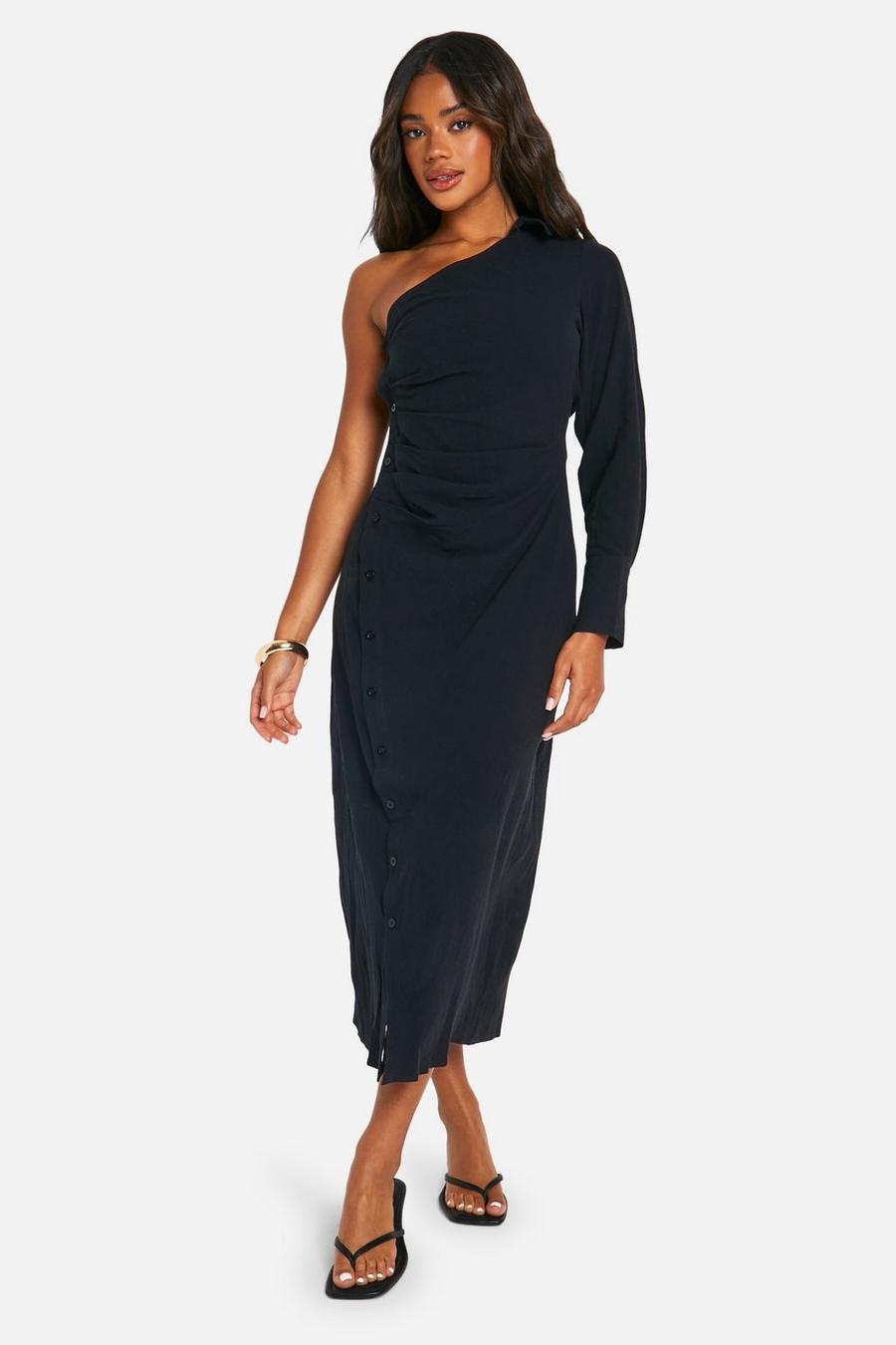 Black Linen Asymmetric Shirt Midaxi Dress image number 1