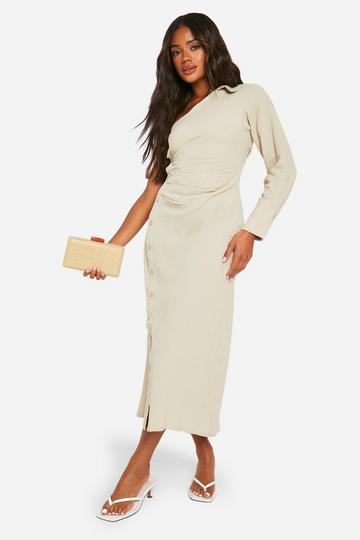 Stone Beige Linen Look Asymmetric Shirt Midaxi Dress