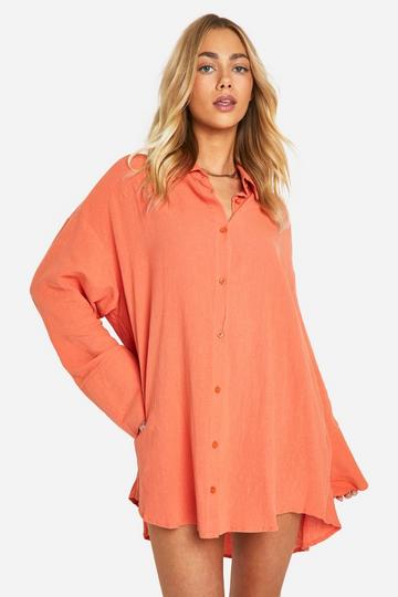 Orange Linen Look Wide Sleeve Shirt Dress