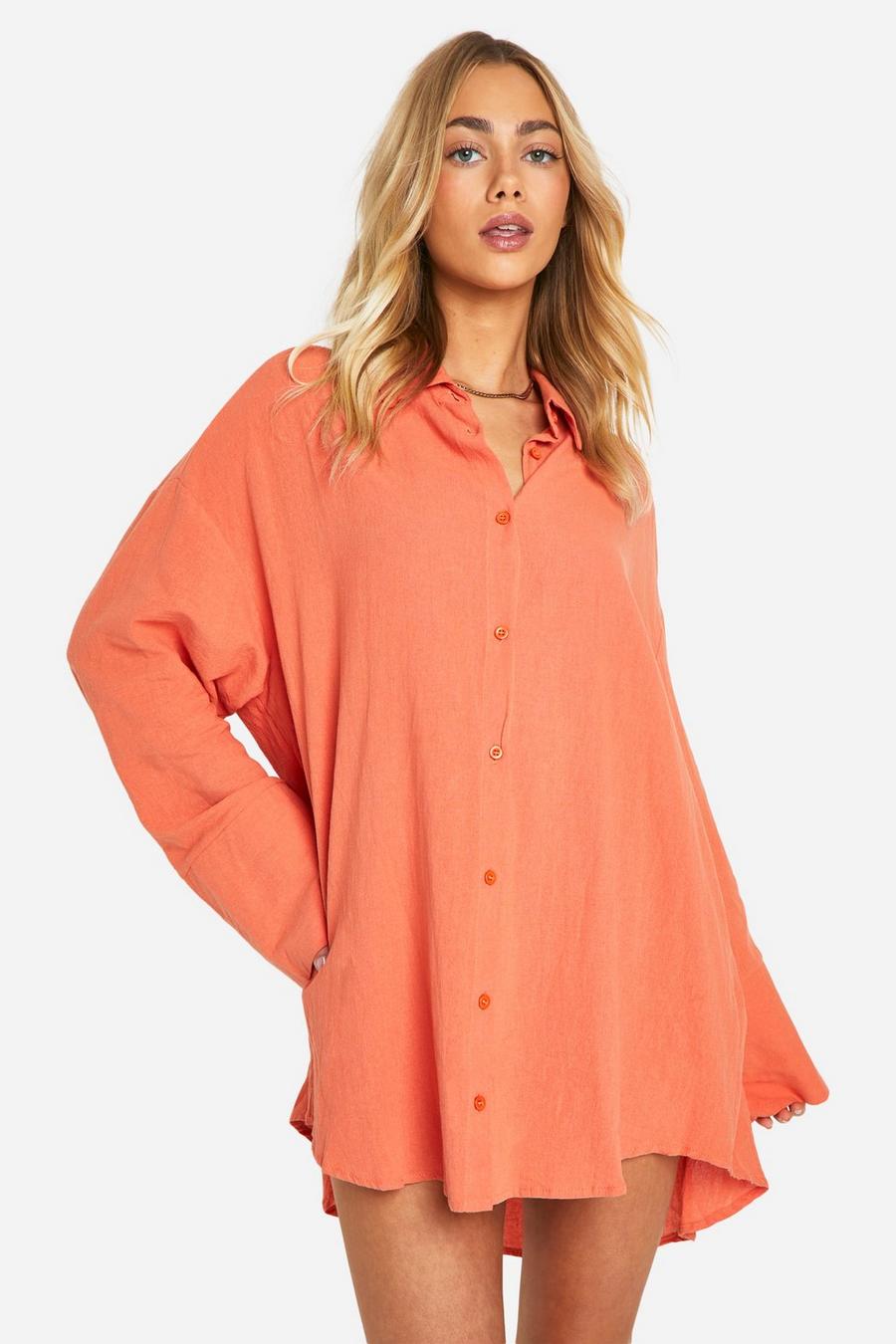 Orange Linen Wide Sleeve Shirt Dress image number 1