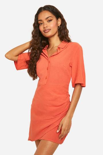 Orange Linen Wrap Shirt Dress