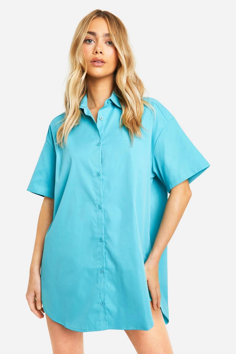 Aqua Poplin Short Sleeve Shirt Dress image number 1