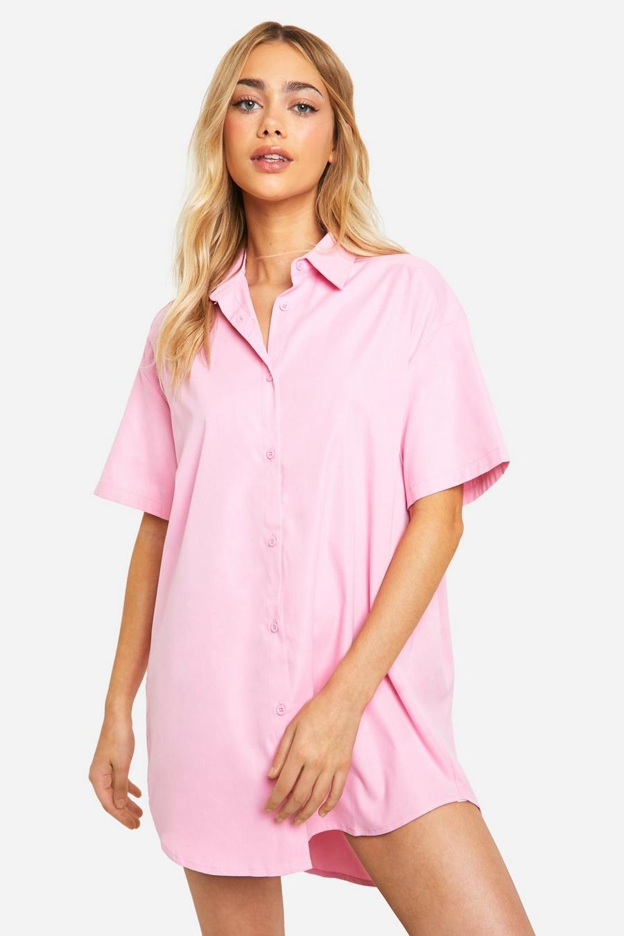 Pink Poplin Short Sleeve Shirt Dress image number 1