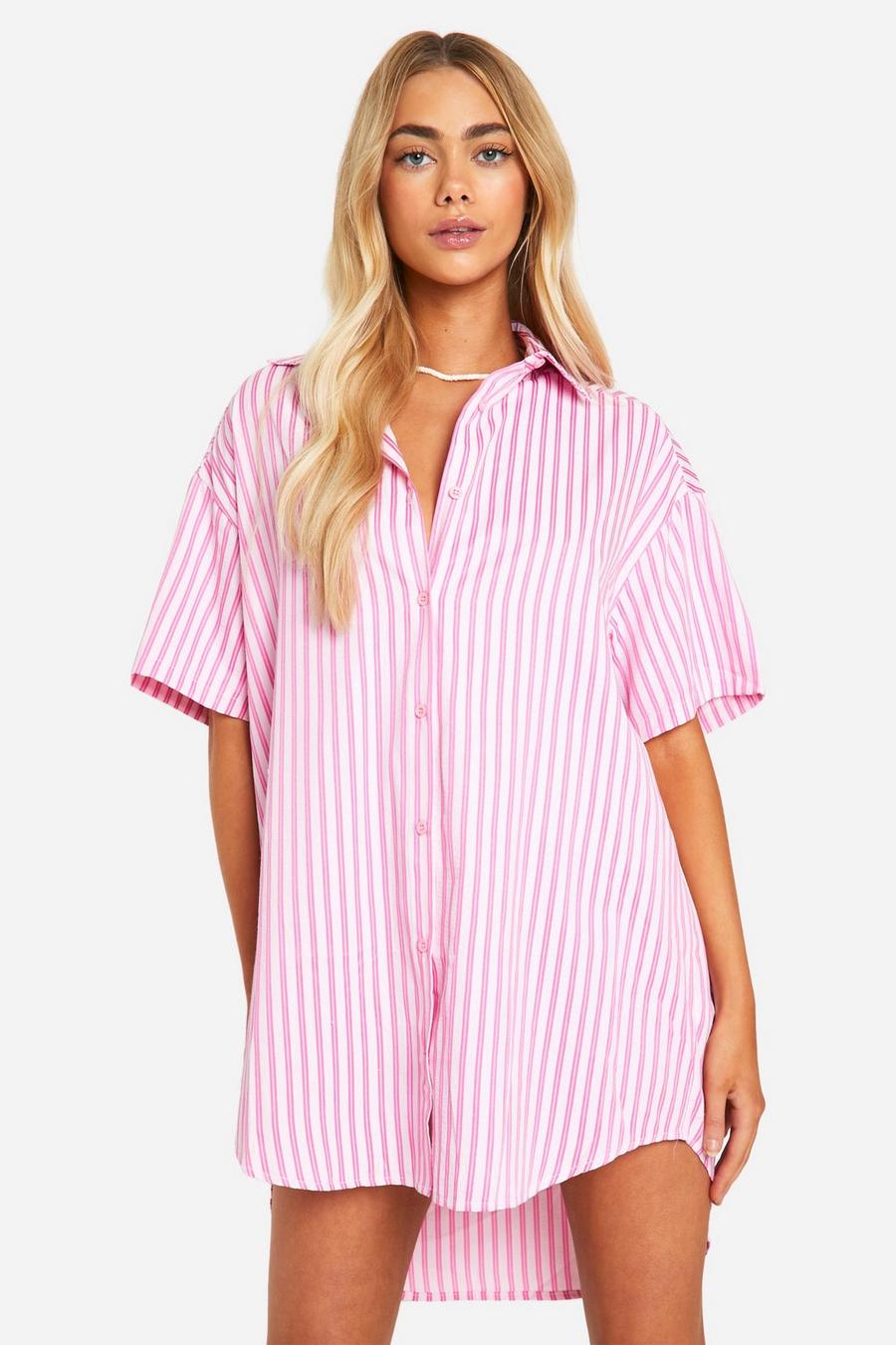 Pink Stripe Short Sleeve Shirt Dress image number 1