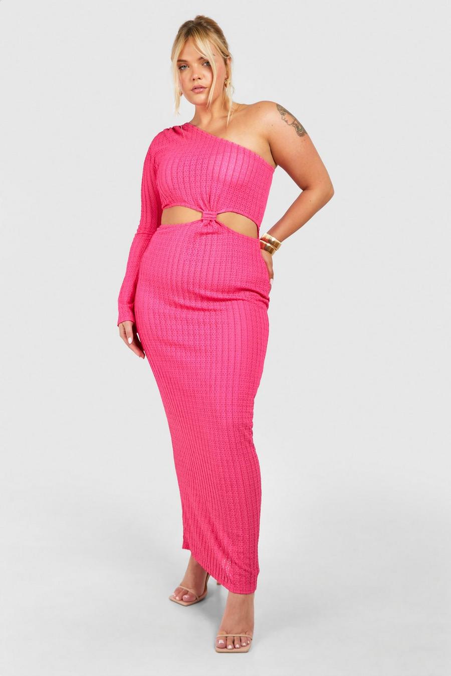 Hot pink Plus Lång one shoulder-klänning med struktur och cut-out
