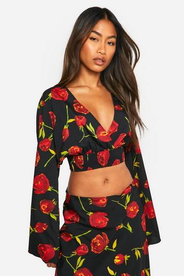 Black Rose Floral Crop Top