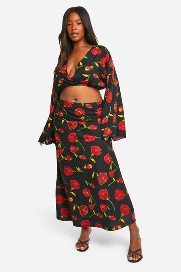 Plus Rose Floral Maxi Skirt black