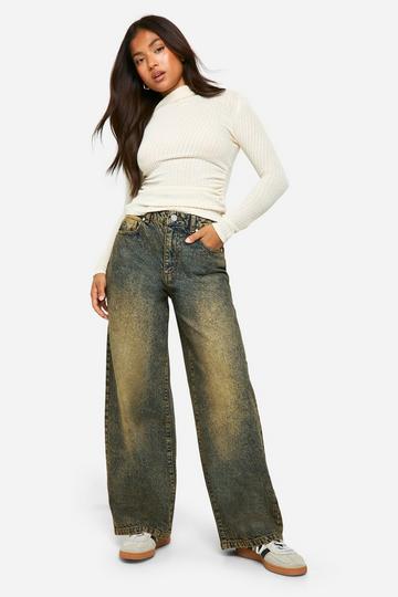 Petite Basic Högmidjade jeans med vida ben sand