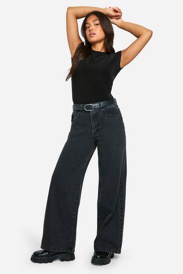 Petite Basic High Waist Wide Leg Jeans washed black