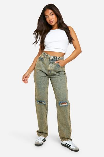 Petite Basics High Waisted Straight Leg Ripped Knee Jeans sand