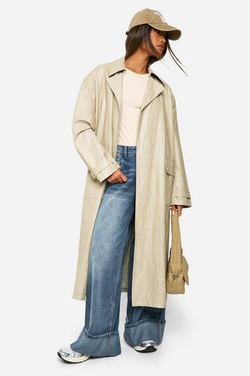 Stone Beige Vintage Look Faux Leather Trench Coat