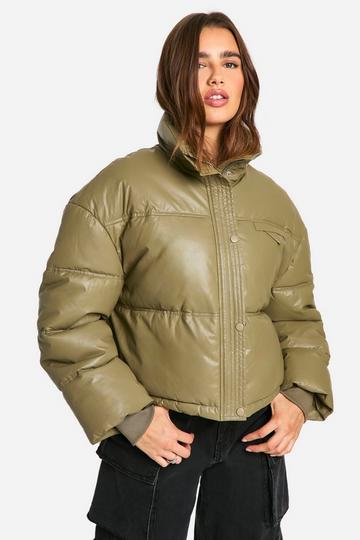 Faux Leather Puffer Jacket khaki