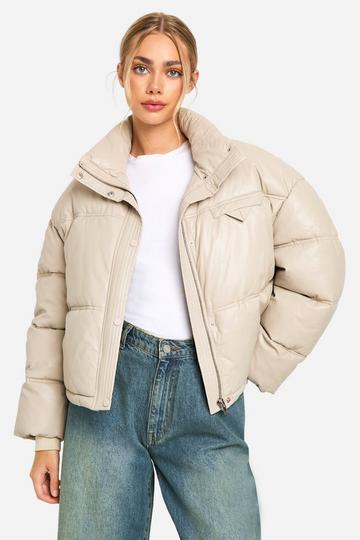 Stone Beige Faux Leather Puffer Jacket