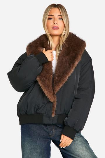 Faux Fur Collar Puffer Jacket black