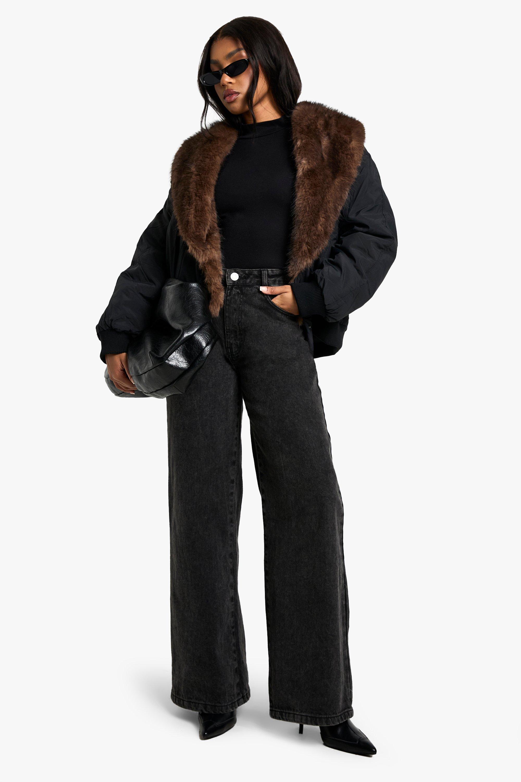 Black faux fur collar padded jacket hotsell