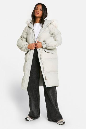 Stone Beige Faux Fur Hood Padded Parka