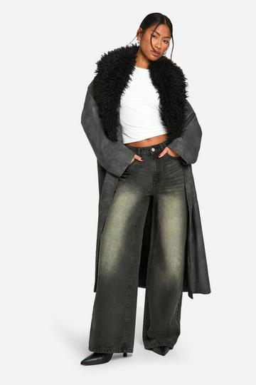 Faux Fur Collar Vintage Look Faux Leather Trench Coat black