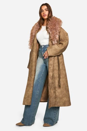 Faux Fur Collar Vintage Look Faux Leather Trench Coat brown