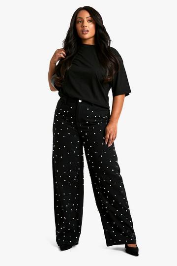 Plus Versierde Wide Leg Jeans Met Parels black