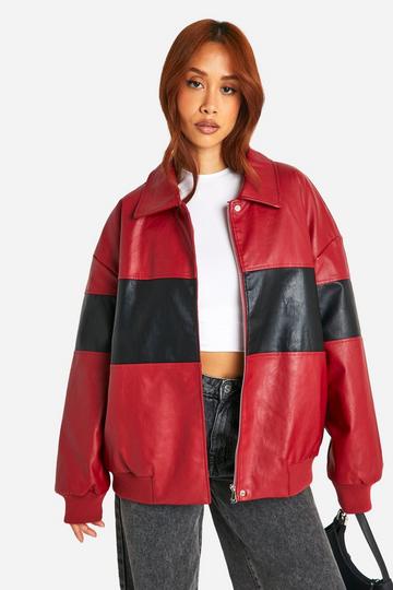 Contrast Detail Oversized Faux Leather Bomber Jacket red