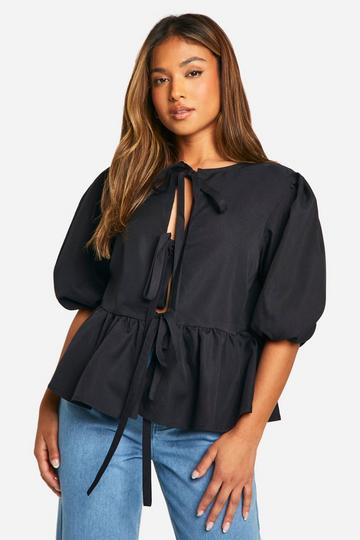 Petite Tie Front Volume Sleeve Top black