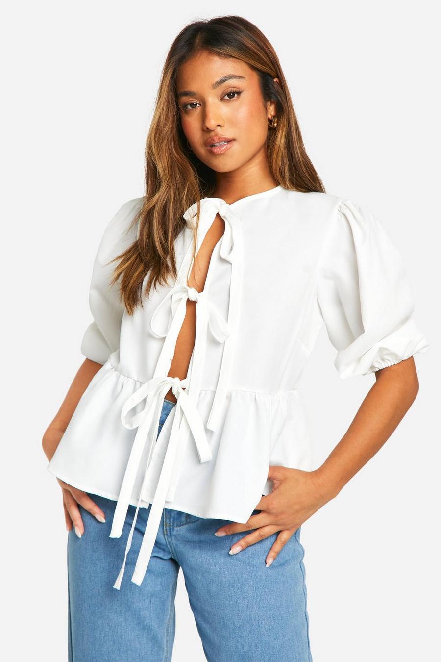 White Petite Tie Front Volume Sleeve Top image number 1