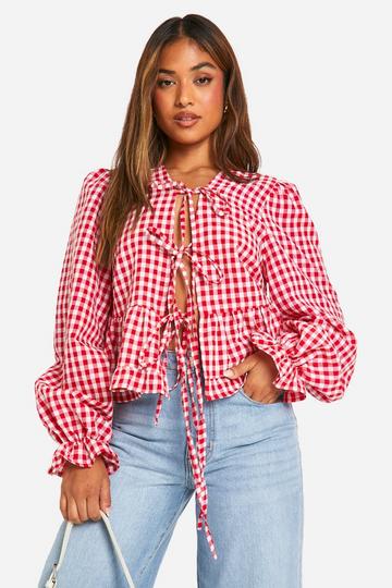 Red Petite Gingham Ruffle Detail Tie Front Top