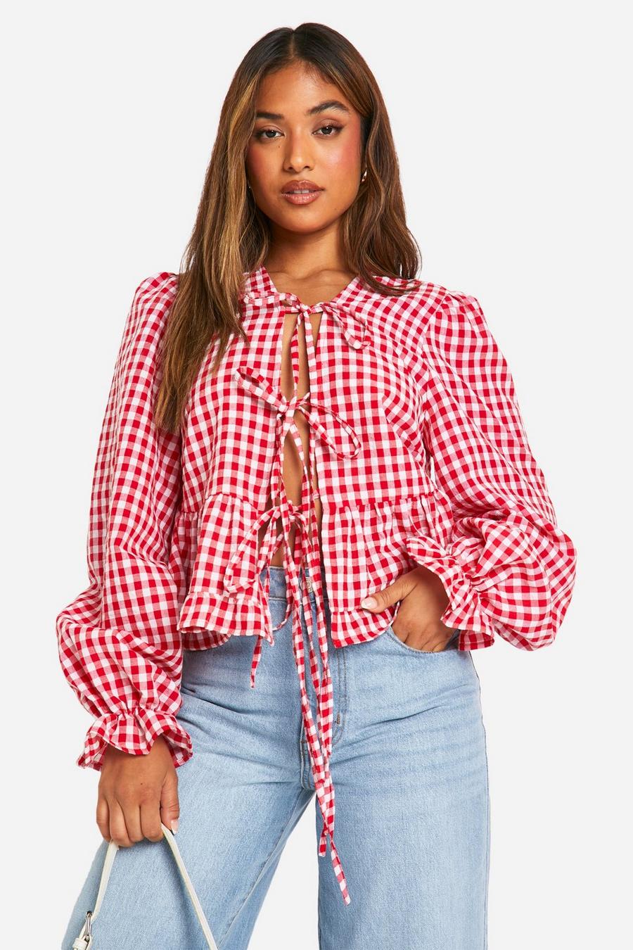 Red Petite Gingham Ruffle Detail Tie Front Top  image number 1