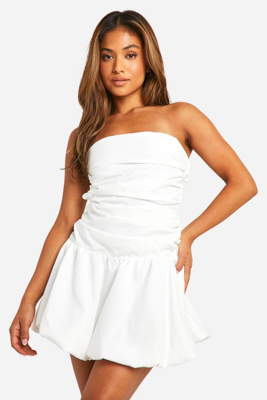 White Petite Ruched Bandeau Open Back Puff Ball Mini Dress