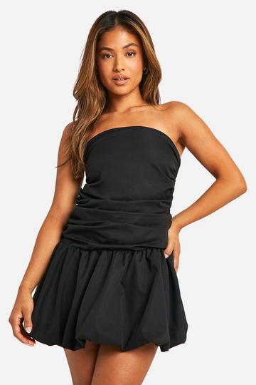 Petite Ruched Bandeau Open Back Puff Ball Mini Dress black