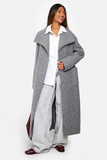 Grey Brushed Shawl Collar Belted Coat