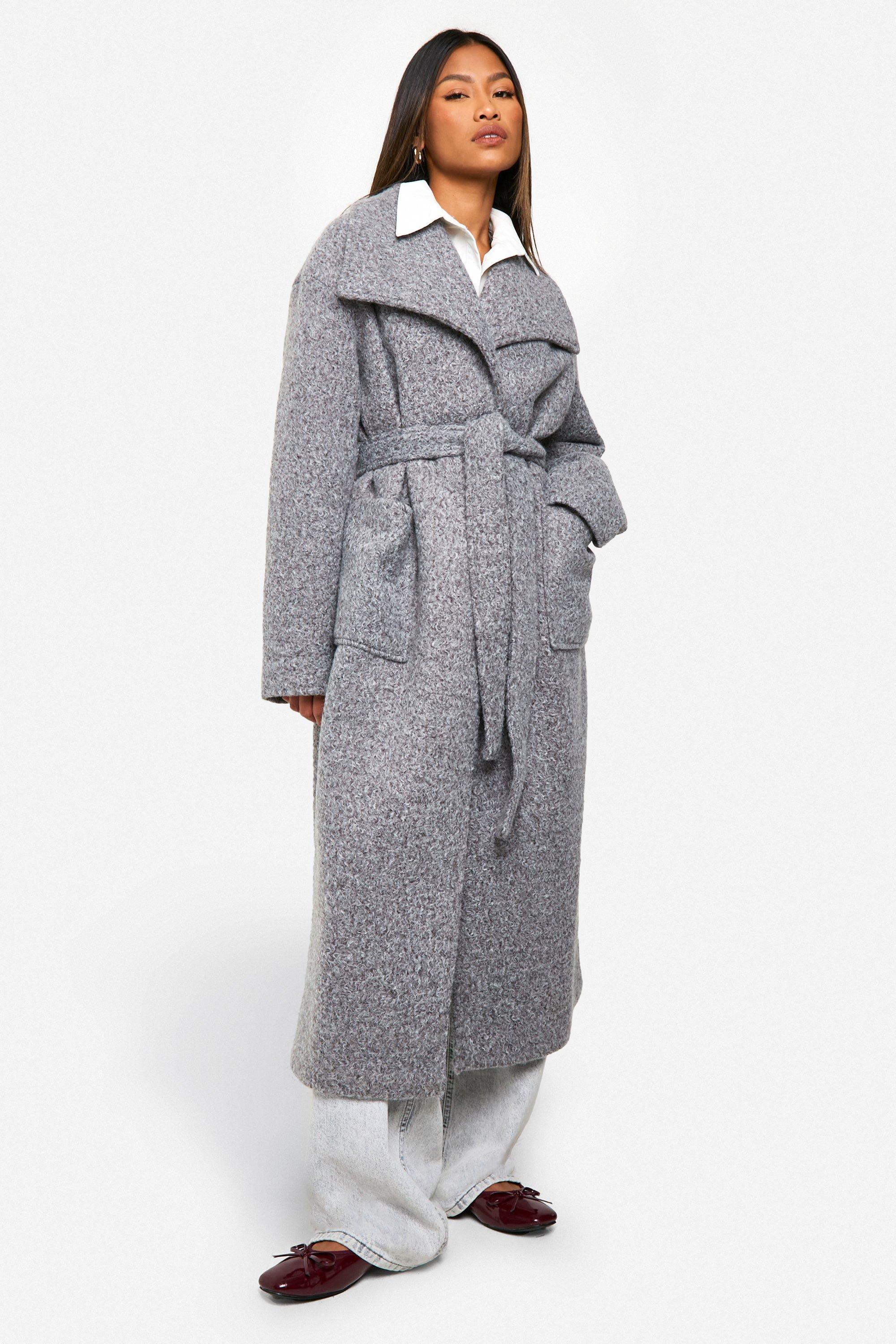 boohoo Women s Brushed Shawl Collar Belted Coat Gray Long Coats