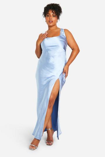 Blue Plus Bridesmaid Satin Square Neck Maxi Dress