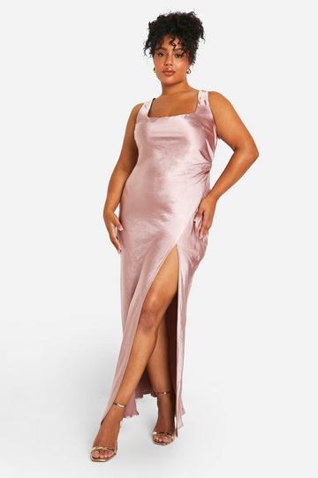 Mink Beige Plus Bridesmaid Satin Square Neck Maxi Dress