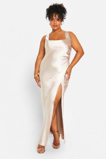 Plus Bridesmaid Satin Square Neck Maxi Dress oyster