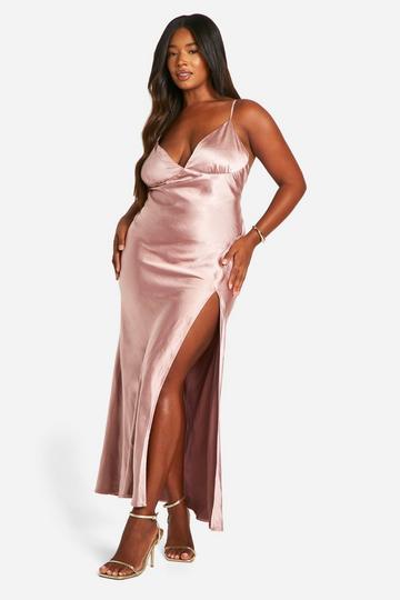 Mink Beige Plus Bridesmaid Satin Strappy Maxi Dress