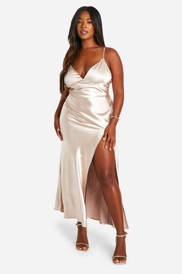 Plus Bridesmaid Satin Strappy Maxi Dress oyster