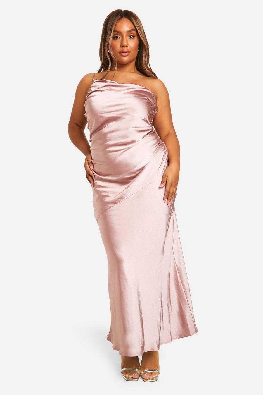 Mink Plus Bridesmaid Satin Asymmetric Maxi Dress  image number 1