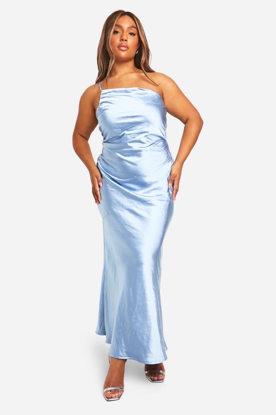Blue Plus Bridesmaid Satin Asymmetric Maxi Dress image number 1