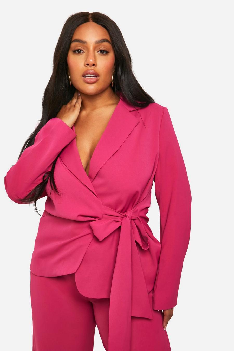 Hot pink Plus Tie Side Drape Blazer image number 1