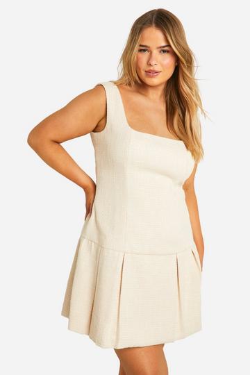 Stone Beige Plus Boucle Mini Pleated Hem Shift Dress