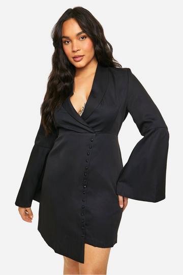 Plus Self Fabric Flare Sleeve Blazer Dress black