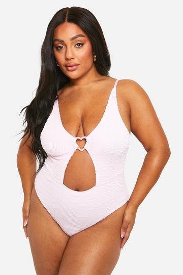 Plus Heart Trim Crinkle Cut Out Plunge Swimsuit baby pink