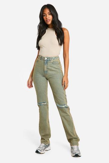 Tall Basic Högmidjade raka jeans med slitna knän light sand