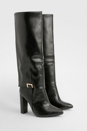 Wide Fit Fold Over Buckle Detail Pointed Knee High Boots black