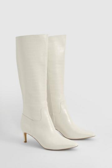 Cream White Croc Low Heel Pointed Knee High Boots