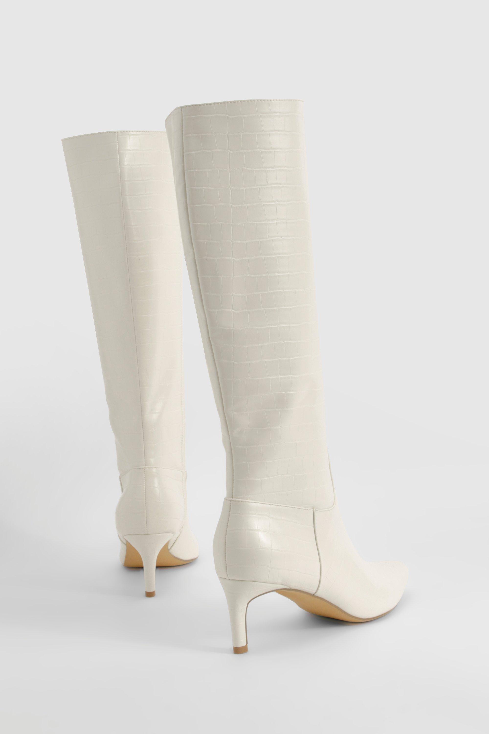 Boohoo Women s Croc Low Heel Pointed Knee High Boots Cream